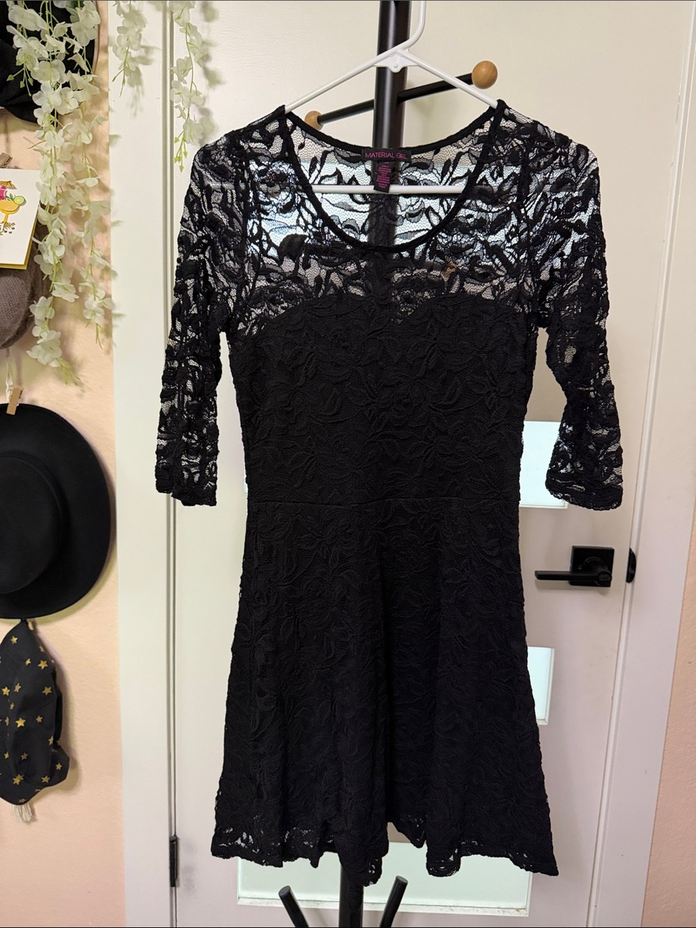 Material Girl Black Lace Skater Dress with Three-Quarter Sleeves